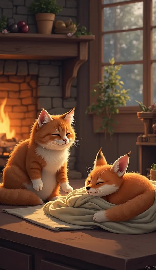 Warm cozy home, fireplace glowing, cat is making dinner, baby fox resting with a blanket, safe and warm, realistic style