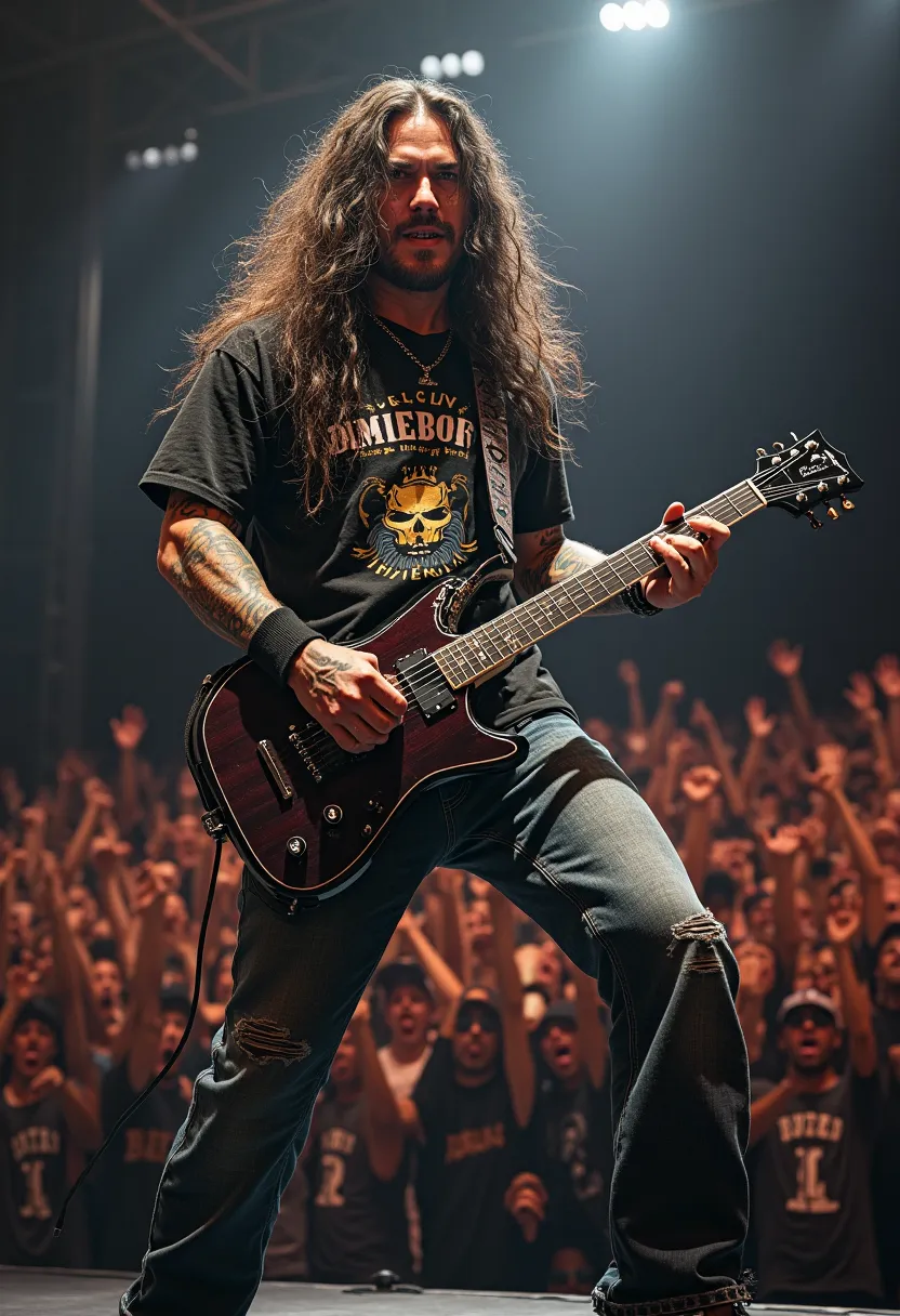 electric guitar Create an exciting, realistic 8k image of guitarist Dimebag Darrell playing his electric guitar,  with a dark and intense atmosphere , symbolizing Dimebag Darrell. He must be on an illuminated stage, with long hair and an expression of pass...