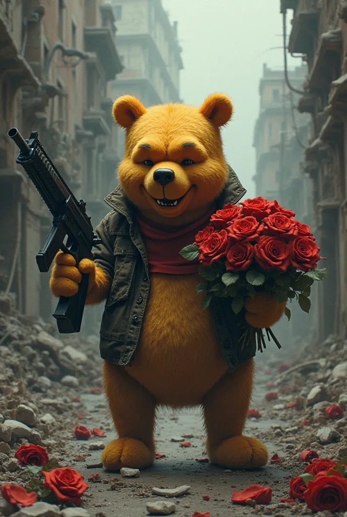 Make me a sigma face winnie the pooh with machine gun in his left and a saten roses in right hand behind is sarajevo