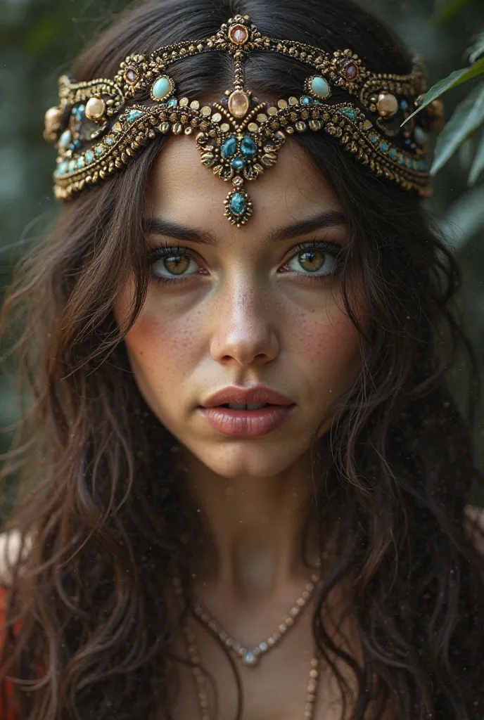 Long-haired brunette gypsy woman,eyes,full lips,with an embellished headband 