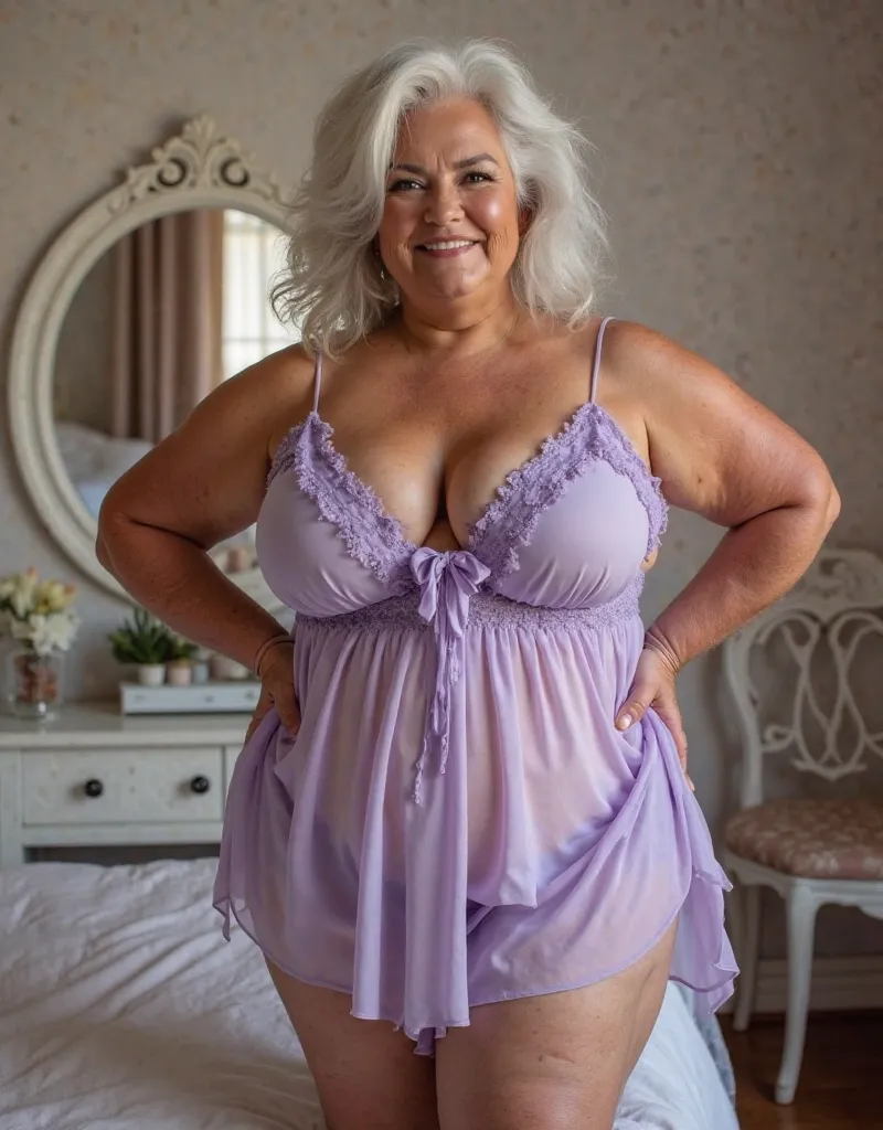 an older woman, 80years old, older, 1 plus size model, chubby, sexy and hot, silver stylish hair, big and rounded huge boobs, big hips, fashion model, very wrinkled face and body, bold makeup, smile, huge hips ,huge ass, wide hips, wide thigh, huge thigh, ...