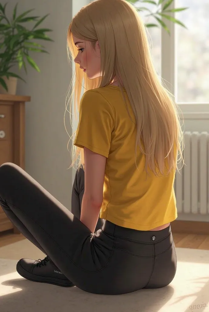 A blonde long hair 18-year-old girl with a yellow t-shirt black Lululemon pants and black shoes sitting in the floor from behind showing her lower back