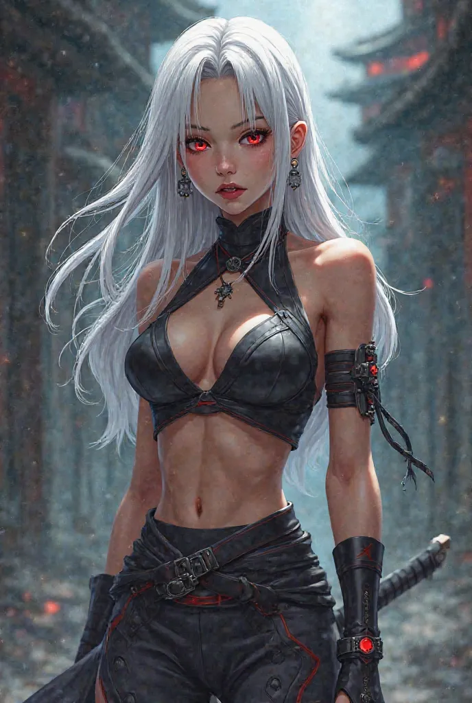 Long Hair, 1girl, High Resolution, Solo, Breasts, Red Eyes, Earrings, Fang, Masterpiece, White Hair, Anime Style, ninja, brown skin, 
