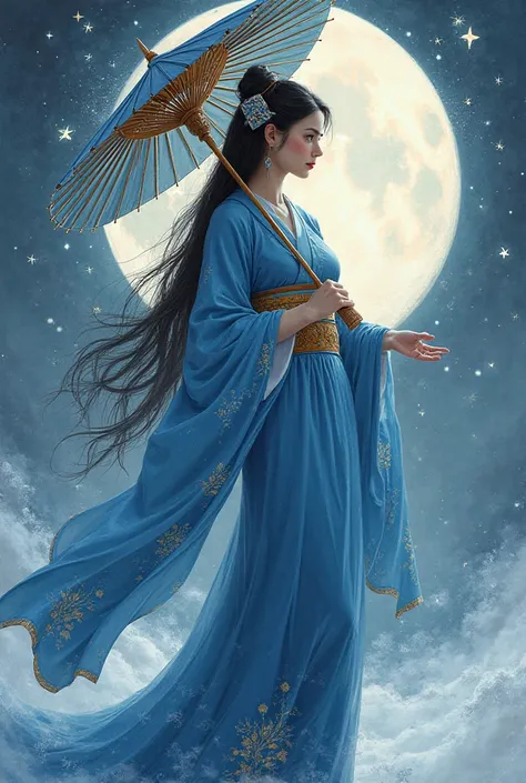 I want 
What do you think to a woman who is a spiritual guide, She is dressed in a blue Japanese dress she is very pretty, It is very elegant, But it has no face . She brings an umbrella and she has a lot of masks in it.  And it has ice powers 
It is very ...