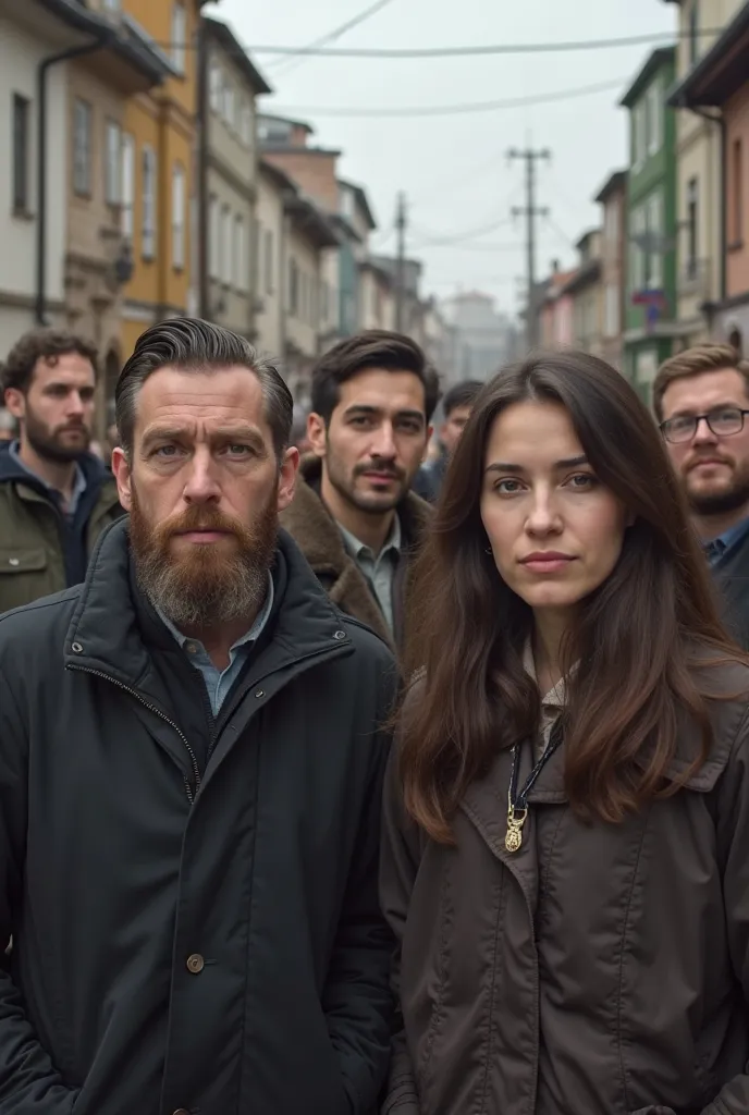 A group of young-looking Jewish men and women in a Jewish residential village, characters facing the camera with ultra realistic image 