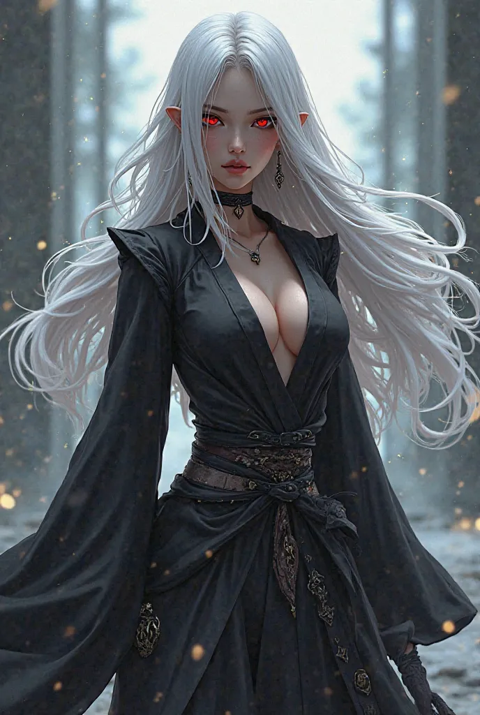 Long Hair, 1man, High Resolution, Solo, Breasts, Red Eyes, Earrings, Masterpiece, White Hair, Anime Style, ninja, dark skin, 
