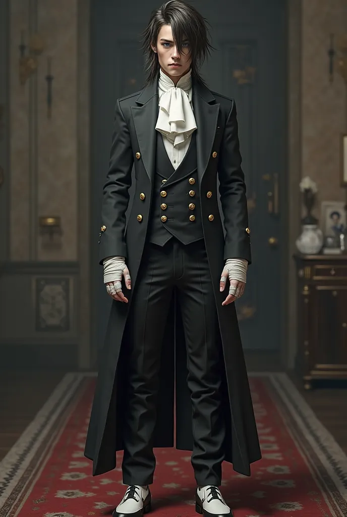 
A name with half medium dark and half light brown hair with a black tuft, blue eyes in a butler's suit with gold buttons and white sleeves, brown bandages on his hands, serious look and white and black shoes.