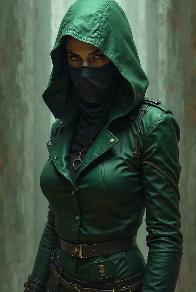 Assassin girl green cover her head and her whole face with mask in drawing 