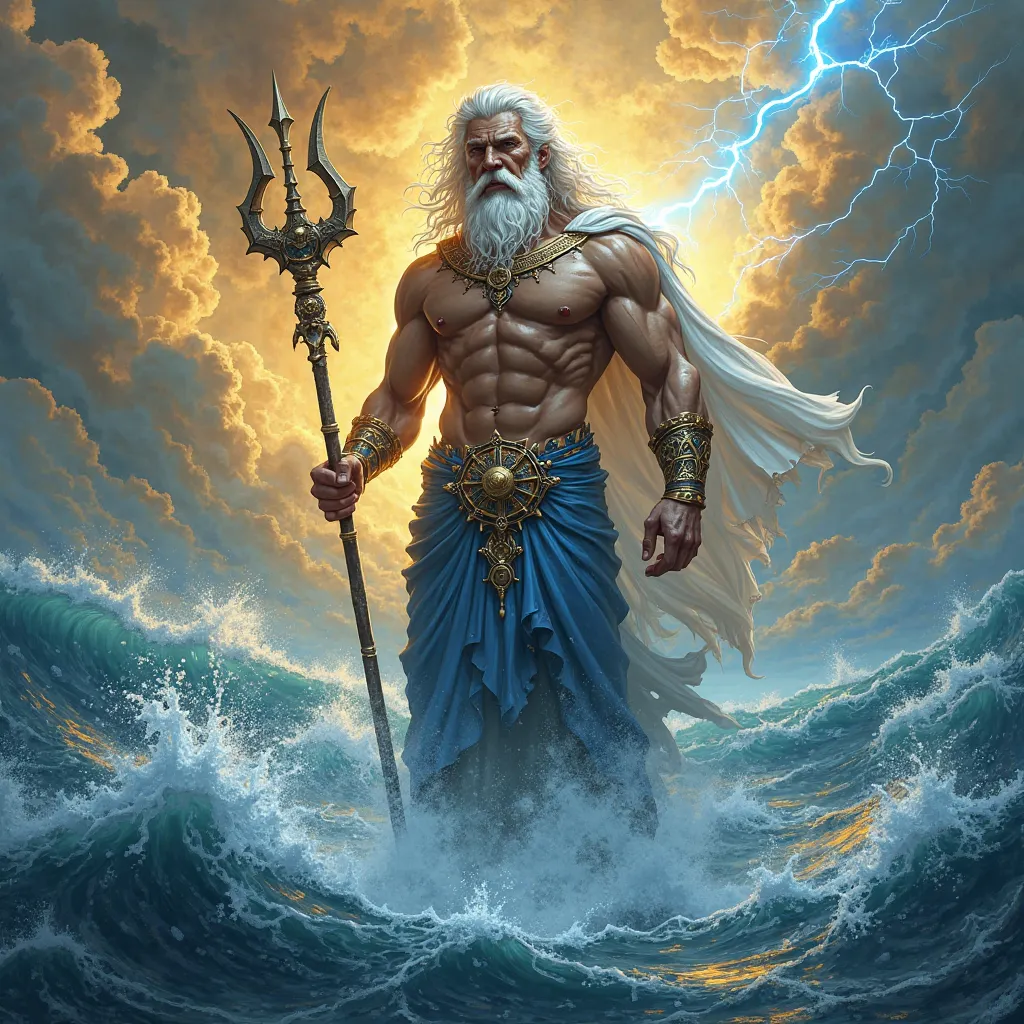 Poseidon in gold and blue tones with thunder