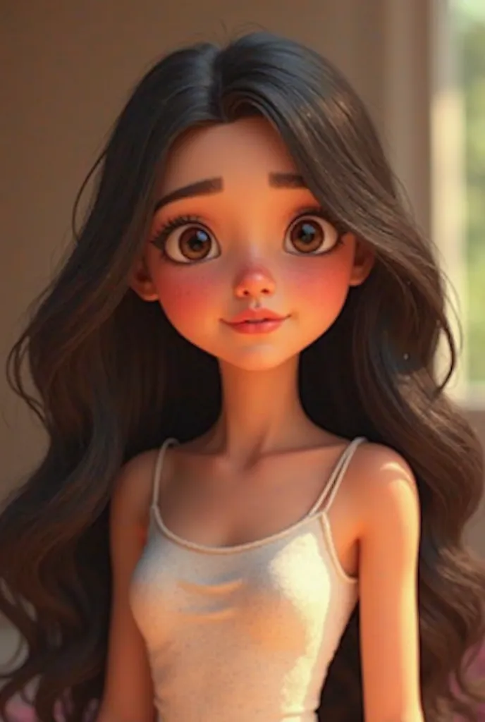 Image of an animated girl with Pixar, with wavy and very long dark hair thin face not very light skin small and torn eyes brown, small nose small mouth with strappy blouse, sleeveless color totally white with a slightly thin body