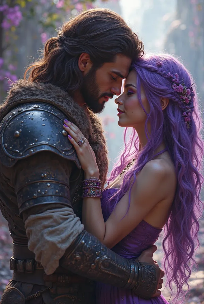 Real photo of a woman with purple eyes and long purple hair kissing her beloved warrior with medium brown hair 