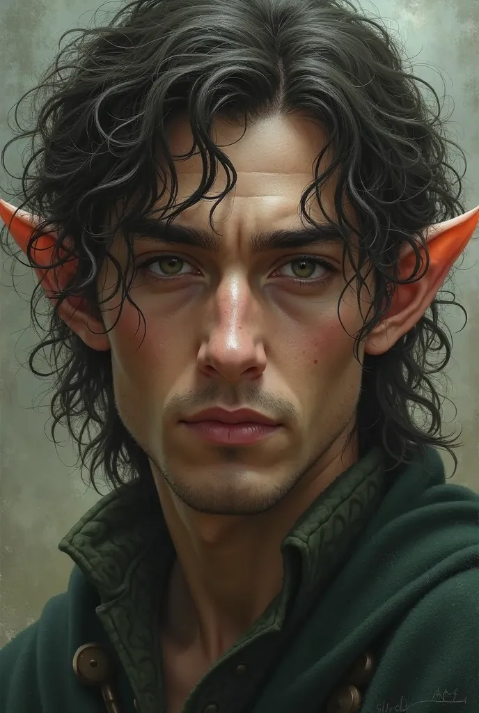 A male elvish man with tangled curly hair with almond shaped dark green eyes and frowned eyebrows with thick lips and an little arched nose a rounded wide jawline in a realistic fantasy art style