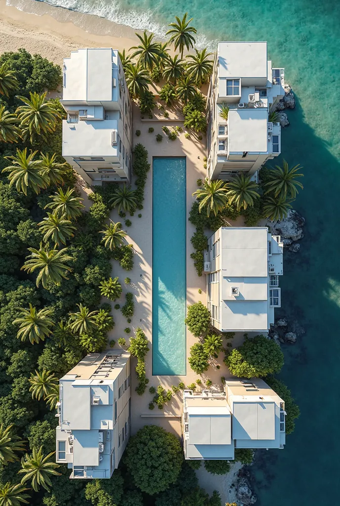 an aerial view of a condominium of 9 loft apartments in a 700 square meter beach-type lot, pedestrian access and a 6-meter-long pool