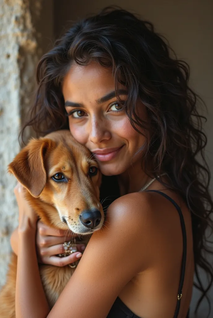 Create a realistic profile picture of a simple girl, amateur, Ugly at 23,  poor, With Brazilian traits, humble,  charismatic , Brown and Northeastern. That you are hugging your caramel dog. Soften the image more so it doesn't appear that it's AI