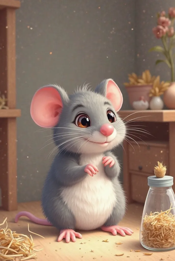 Semi realistic, illustration, cute pet mouse, realist mouse in cage, cute, grey