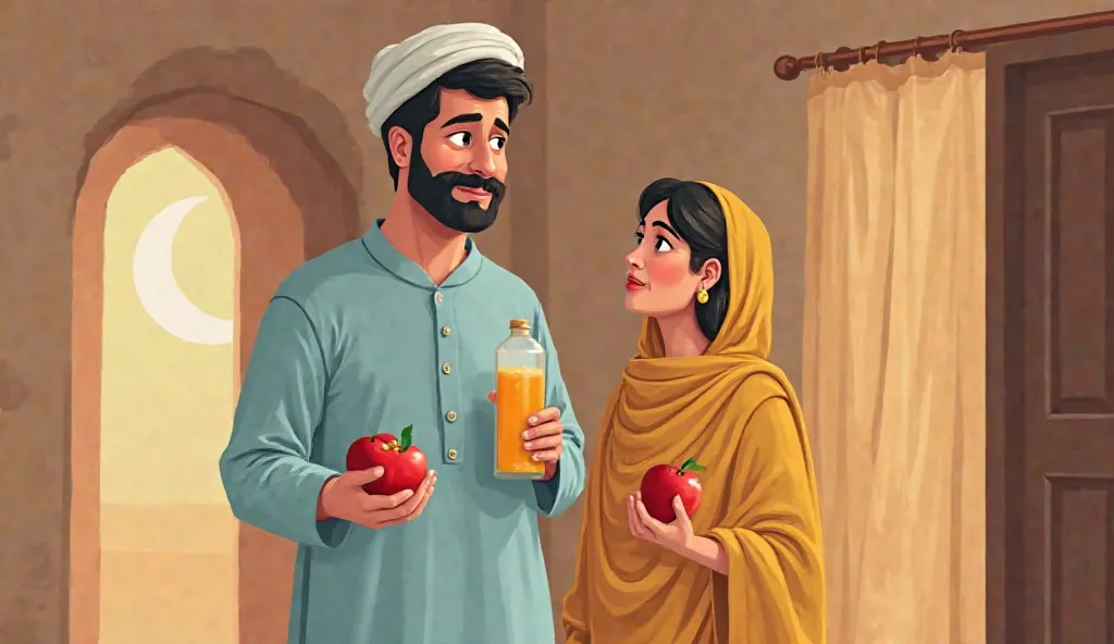 
**"A warm, digital illustration of a middle-aged South Asian man and woman inside a simple home. The man has a mustache, a short beard, and a lean physique. He is wearing a light blue traditional kurta and a white taqiyah (prayer cap). He holds two red ap...