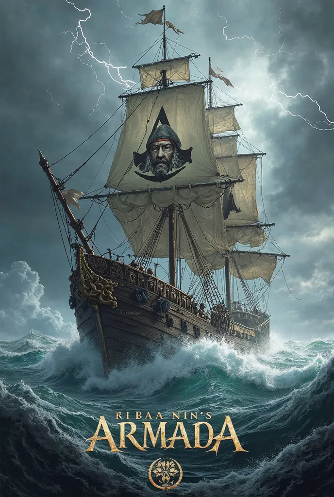 A realistic logo with the name “ARMADA” contains a pirate man o war ship in a stormy sea and the assassin’s creed logo on its sails