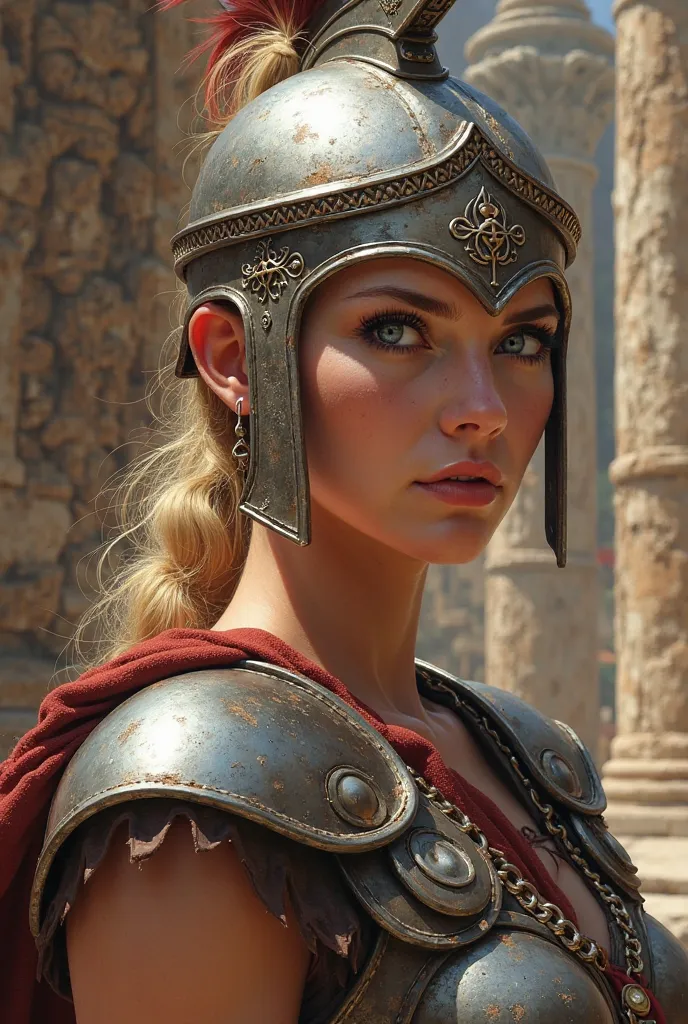 Roman warrior woman with helmet , side profile face,  Blue eyes and blonde 