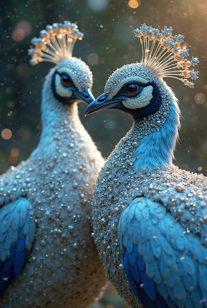 L’image représente deux oiseau au plumage bleu et blanc, orné d’un somptueux ensemble de bijoux et de parures exquises. Sa tête est couronnée d’un diadème scintillant, richement décoré de pierres précieuses, de perles et d’éléments métalliques finement ouv...