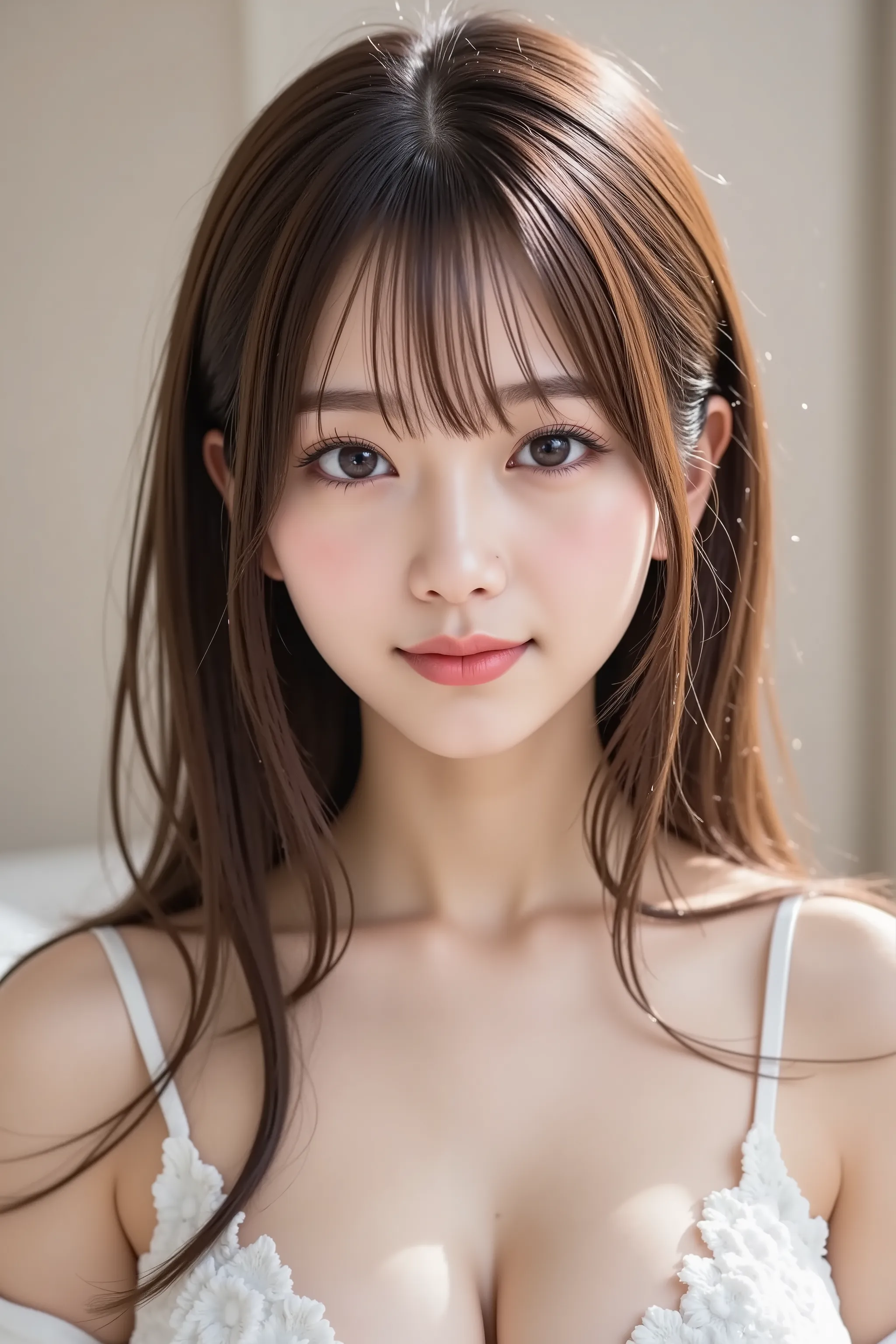 The face is positioned exactly in the center of the image , , the entire head is fully reflected , Face clearly visible、bathrobe, shower head and shower stall, wet long hair、bungs, smile, young and cute japanese face , Official Art, high image quality CG U...