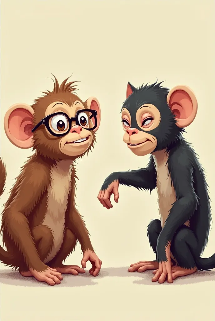 Two monkeys look at each other with silly faces, one has glasses, the other has a black and white cat mask