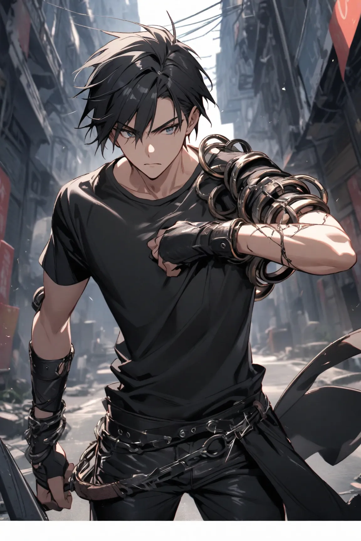 Young adult male  with long black hair wearing a pant t-shirt a leather bracer on one arm and lots of metal rings 