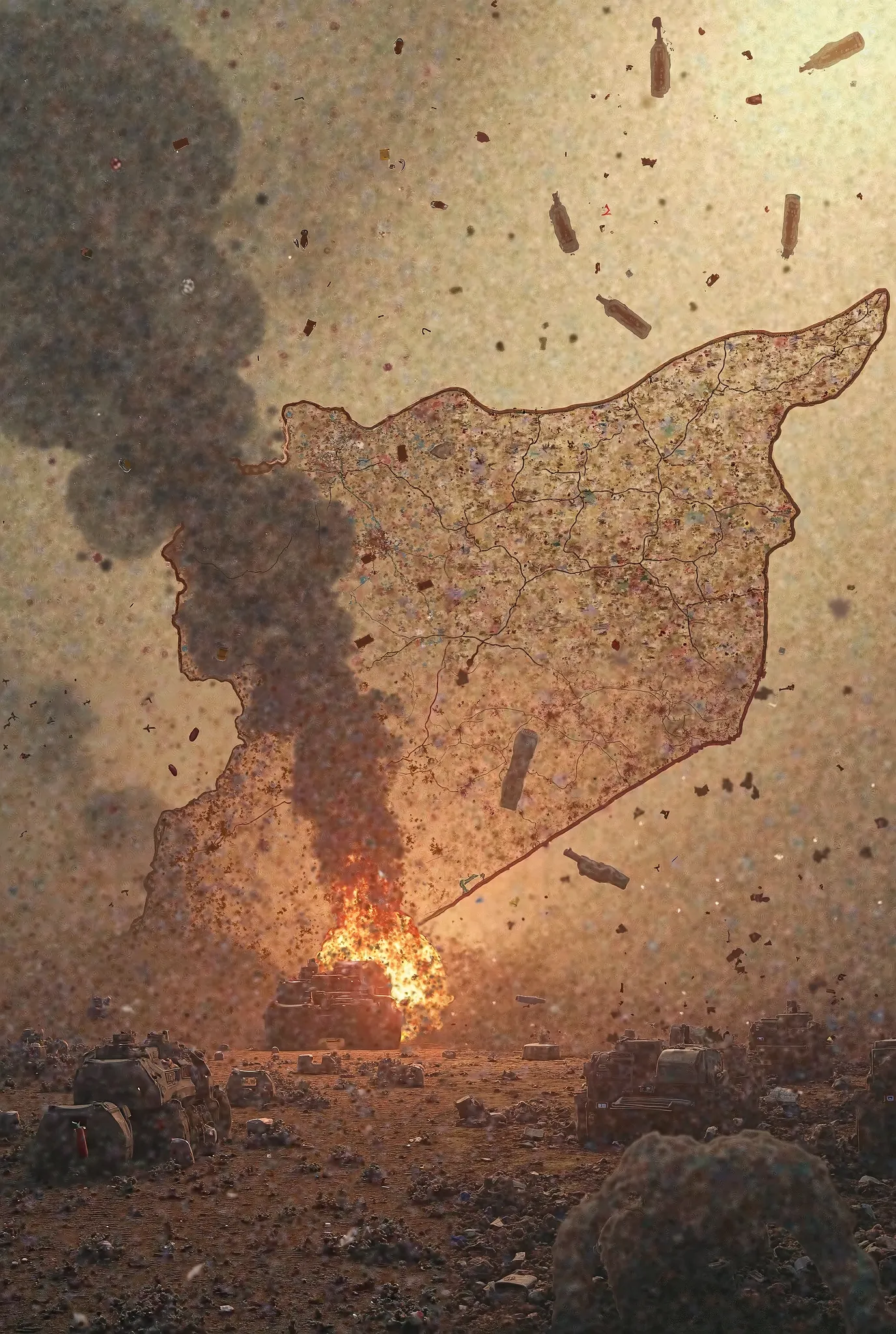 Mortar shells over the map of Syria 
