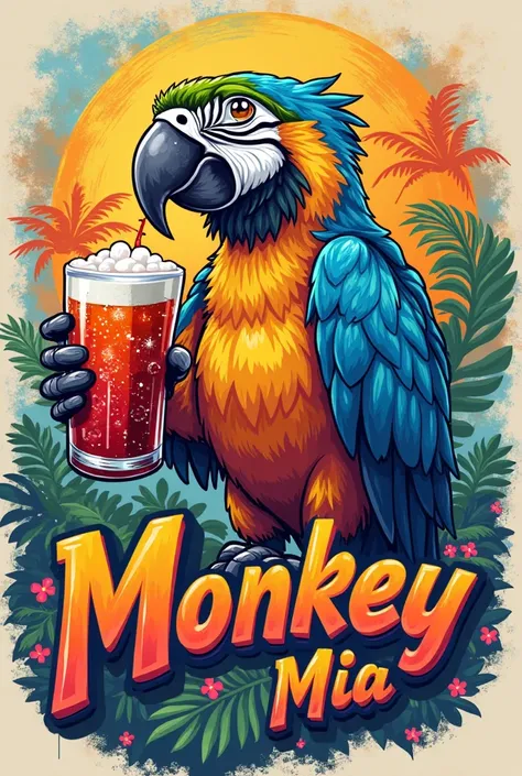 a t-shirt with the print of a macamo drinking soda and the letters "Monkey Mia" On top of the print