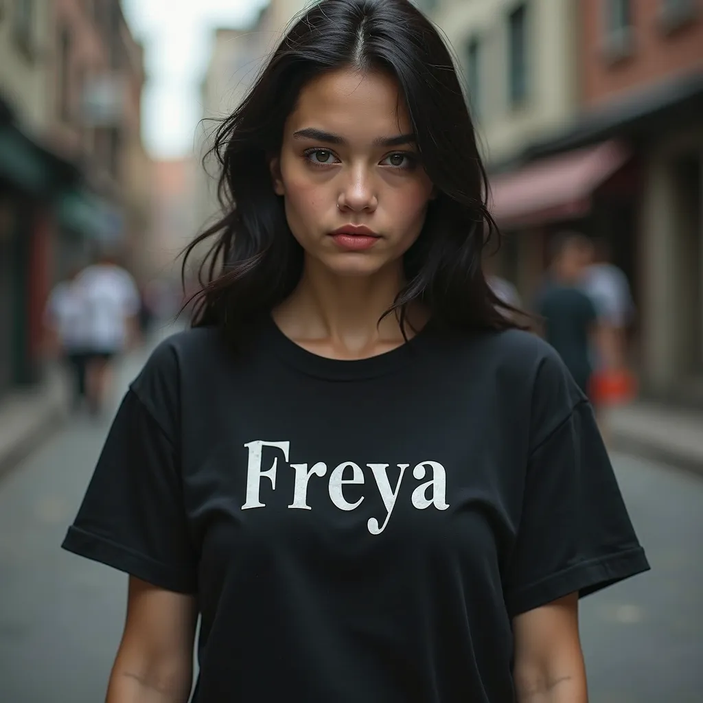 Young woman wears Black t-shirt with Freya text on her shirt