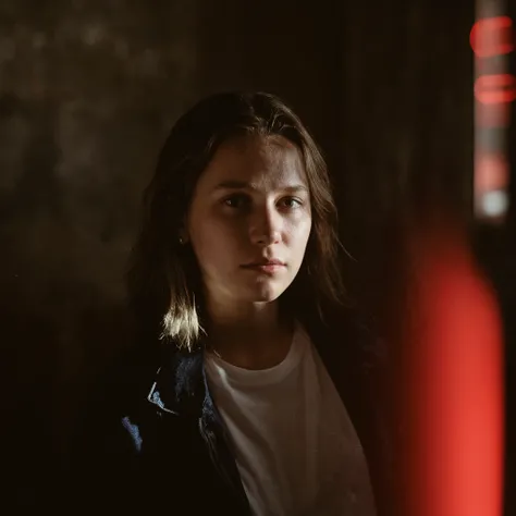 

Cinematic photography, eye-level view of a young woman sitting alone in a dimly lit room, her face partially illuminated by a soft, directional light beam. Her deep, introspective gaze conveys a melancholic and contemplative mood. She wears a dark denim ...