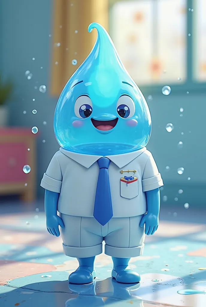 Cartoons of a drop of water wearing animated white school uniform