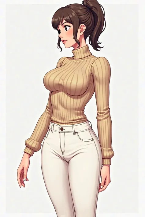 The character has a feminine figure with prominent curves, as she is characterized by a slim waist and wide hips, giving her an attractive and distinctive appearance in the style of cartoon or manga.

Clothes:

The upper part: She wears a tight, long-sleev...