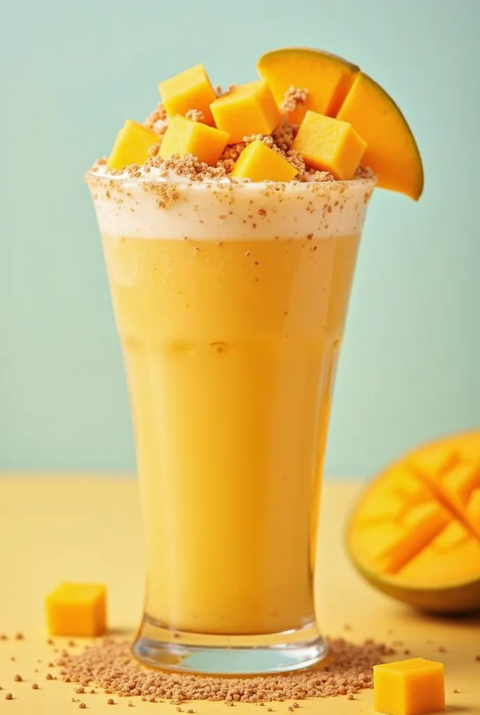 create a mango graham shake with a 3 pieces of cubes mango on top and a grind of graham with a transpaprent background