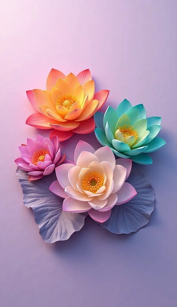 rainbow color mixed Lotus flowers,light purple background,flat lay view