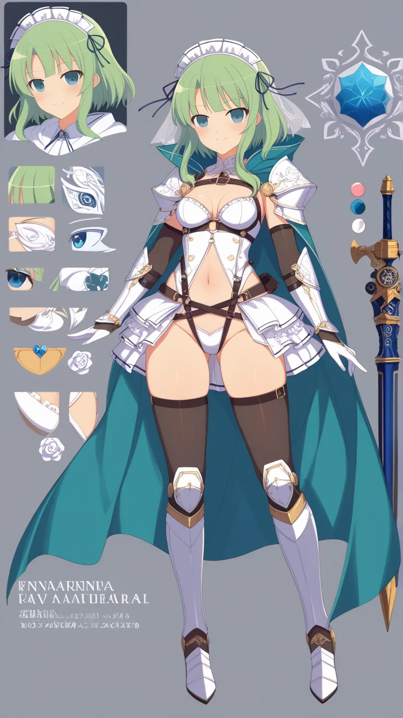 Senran Kagura、Young girl、Little 、 high leg suit 、stockings、wedding gloves、 Body Armor、 leg armor、Princess Dress 、 headdress showing belly button 、Arm Armor Gauntlet、Full Harness、Dress Cloak 、Character design、Reimagind, 8k, best quality,  design sheet, mach...