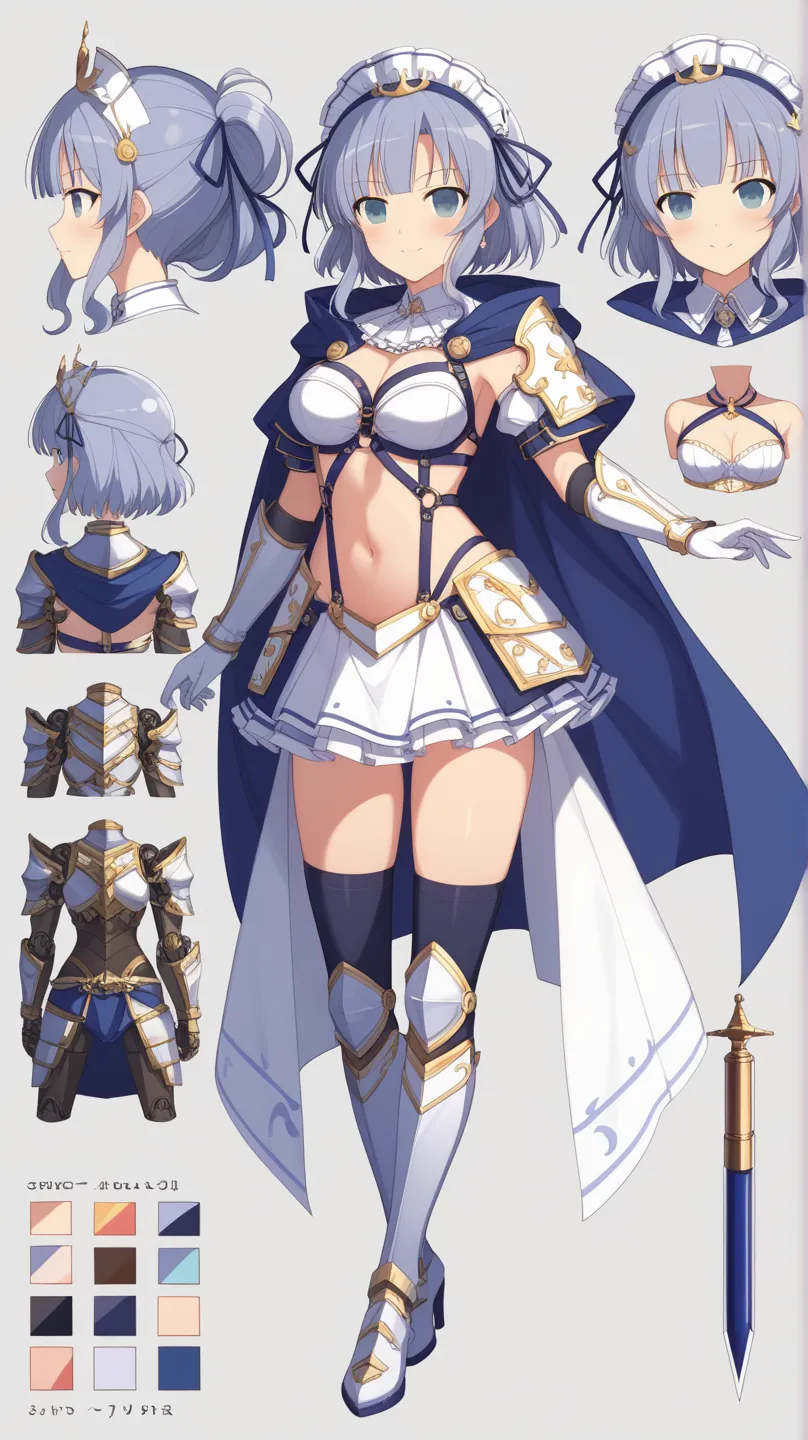 Senran Kagura、Young girl、Little 、 high leg suit 、stockings、wedding gloves、 Body Armor、 leg armor、Princess Dress 、 headdress showing belly button 、Arm Armor Gauntlet、Full Harness、Dress Cloak 、Character design、Reimagind, 8k, best quality,  design sheet, mach...