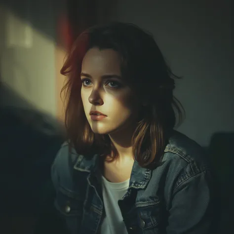

Cinematic photography, eye-level view of a young woman sitting alone in a dimly lit room, her face partially illuminated by a soft, directional light beam. Her deep, introspective gaze conveys a melancholic and contemplative mood. She wears a dark denim ...