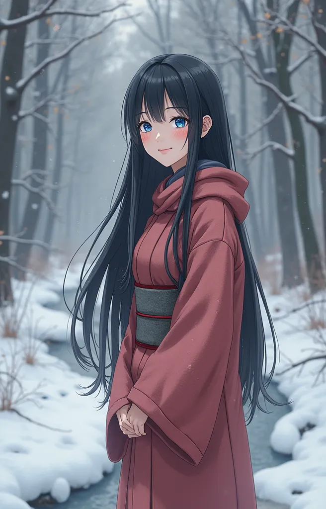 A REAL Oriental Japanese girl with 18 years old with beyond floor length black hair and see her "whole" body wearing thick lambswool traditional Wafuku standing nearby hot springs inside the forest, must see her whole body. The scenario of forest shows win...