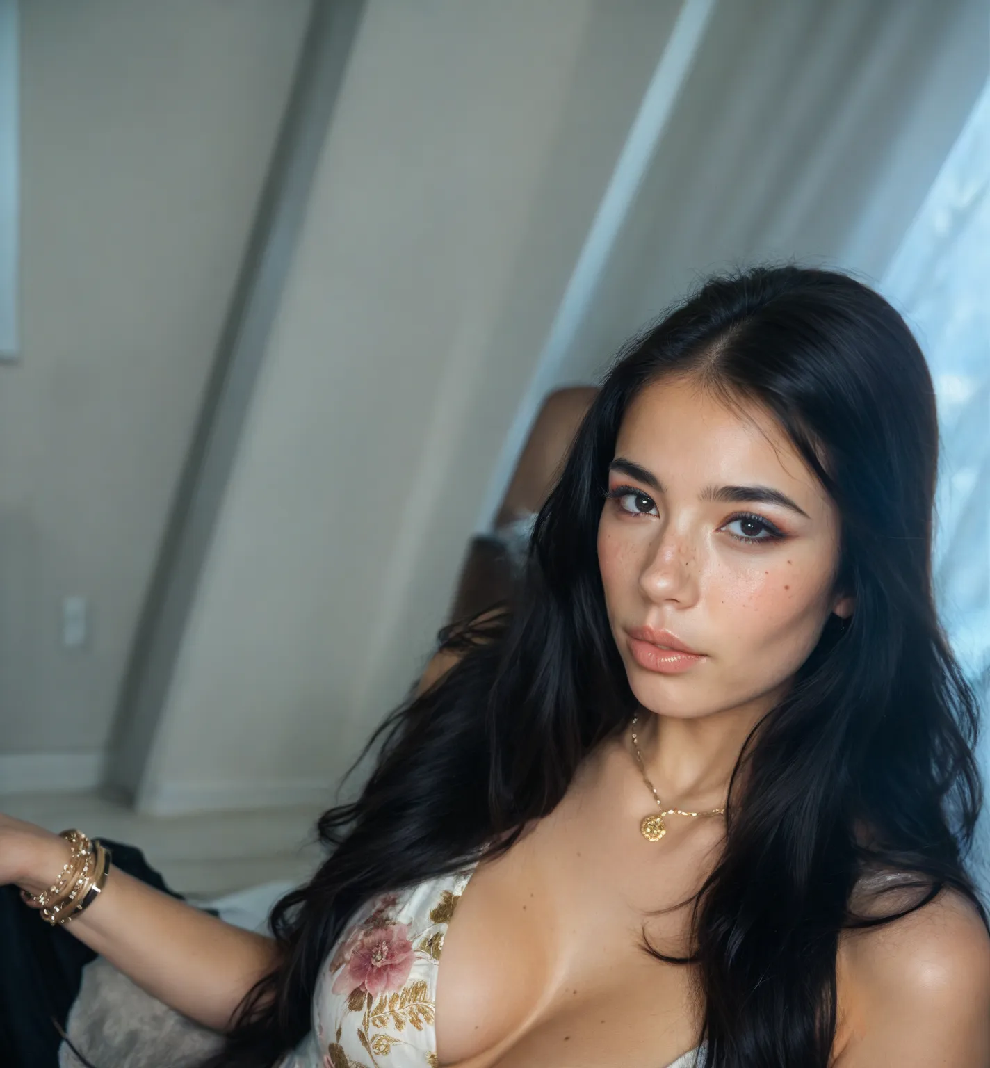 a young Asian japanese woman, 20 years old, long black hair with bangs, black eyes, full lips, light makeup, highly detailed facial features, freckles, fair skin, sensual and delicate features, large breasts, necklace gold, big boobs (best quality, 4k, 8k,...