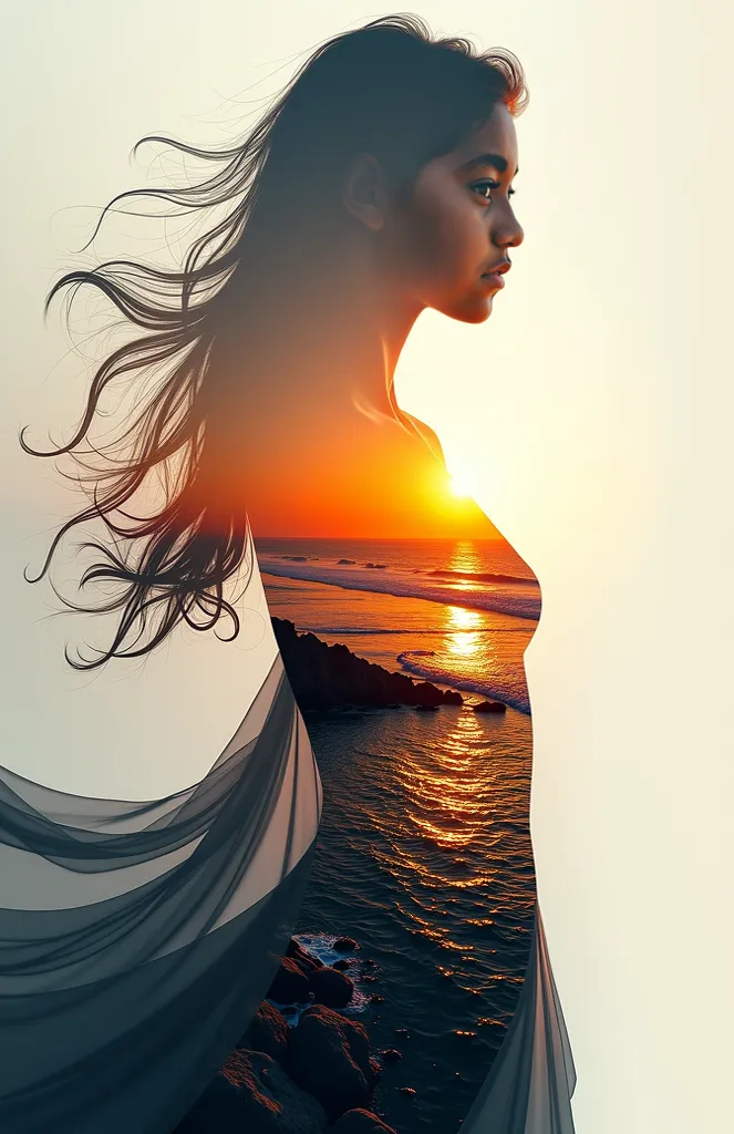 high quality, 8K Ultra HD, A beautiful double exposure that combines an goddess silhouette with sunset coast, sunset coast should serve as the underlying backdrop, with its details incorporated into the goddess , crisp lines, The background is monochrome, ...