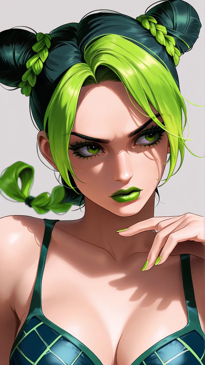 1 girl, solo, kjolyne, green eyes, two-tone hair, green hair, black hair, double bun, braided bun, braided ponytail, green lips, lipstick, makeup, green nails, nail polish, spider web print, medium breasts,