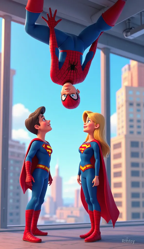 "A 3D cartoon-style scene where Spider-Man is hanging from the ceiling and Supergirl smiles politely, slightly amused."