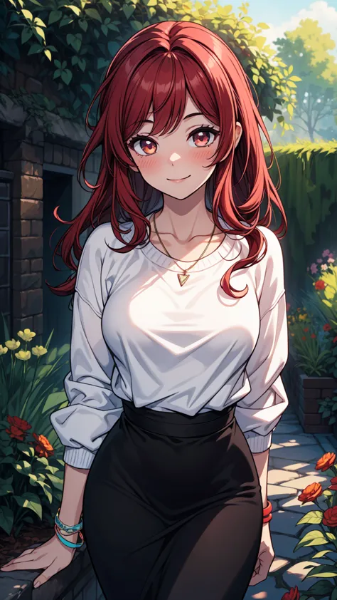 ((masterpiece, best quality:1.3, high detail)), beautiful woman, looking to side, smile, long wavy hair, (dark red hair), hairpin, bright eyes, light blush, ((white sweatshirt)), (long black skirt), pencil skirt, necklace, bracelets, collarbone, garden, 