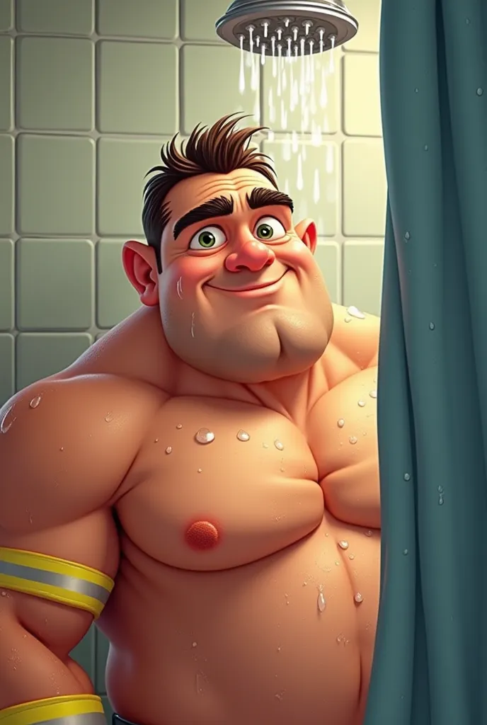 Close-up of a cartoon of a firefighter taking a shower