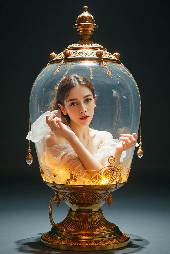 A breathtaking, hyperrealist digital illustration, inspired by Yoshitaka Amano's ethereal linework and the dynamic action of Kentaro Miura's manga, depicting an evocative genie trapped within a gilded lamp of translucent crystal, reminiscent of a Fabergé e...