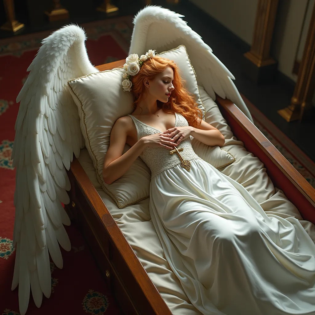 30 year old angel very long folded white wings n long blonde Mohawk  kissing dead 30 tear old woman long red Mohawk year old  woman  roses in   long posttail  head on satin pillow in shiny satin weddibg dress with veil on head  eyes closed mouth closed bar...