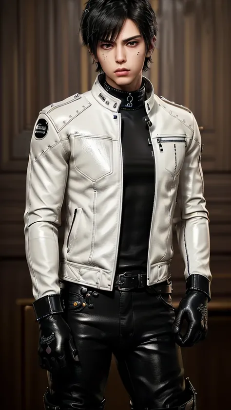 ((Final fantasy taste and reality graphics)), (((very cool and good looking young cute Japanese  boy))), his age is early 20s, thin eyebrows and beady eyes,  (((((he wearing very thick and heavy cream-white color leather, single-brest and double zipper jac...