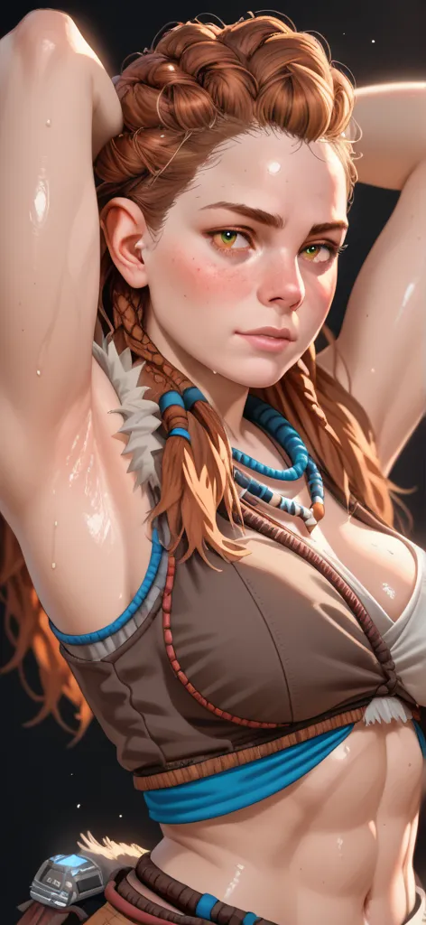 masterpiece, Highest quality, Ultra-high resolution), 1girl, aloy, horizon zero dawn, shiny skin, , The clothes fit perfectly, Glossiness, shiny, slimy, Sweat, Stuffy, Glossiness, shiny, cute face, backlight, big breast. (((mid body))) (((open breast))) Bl...