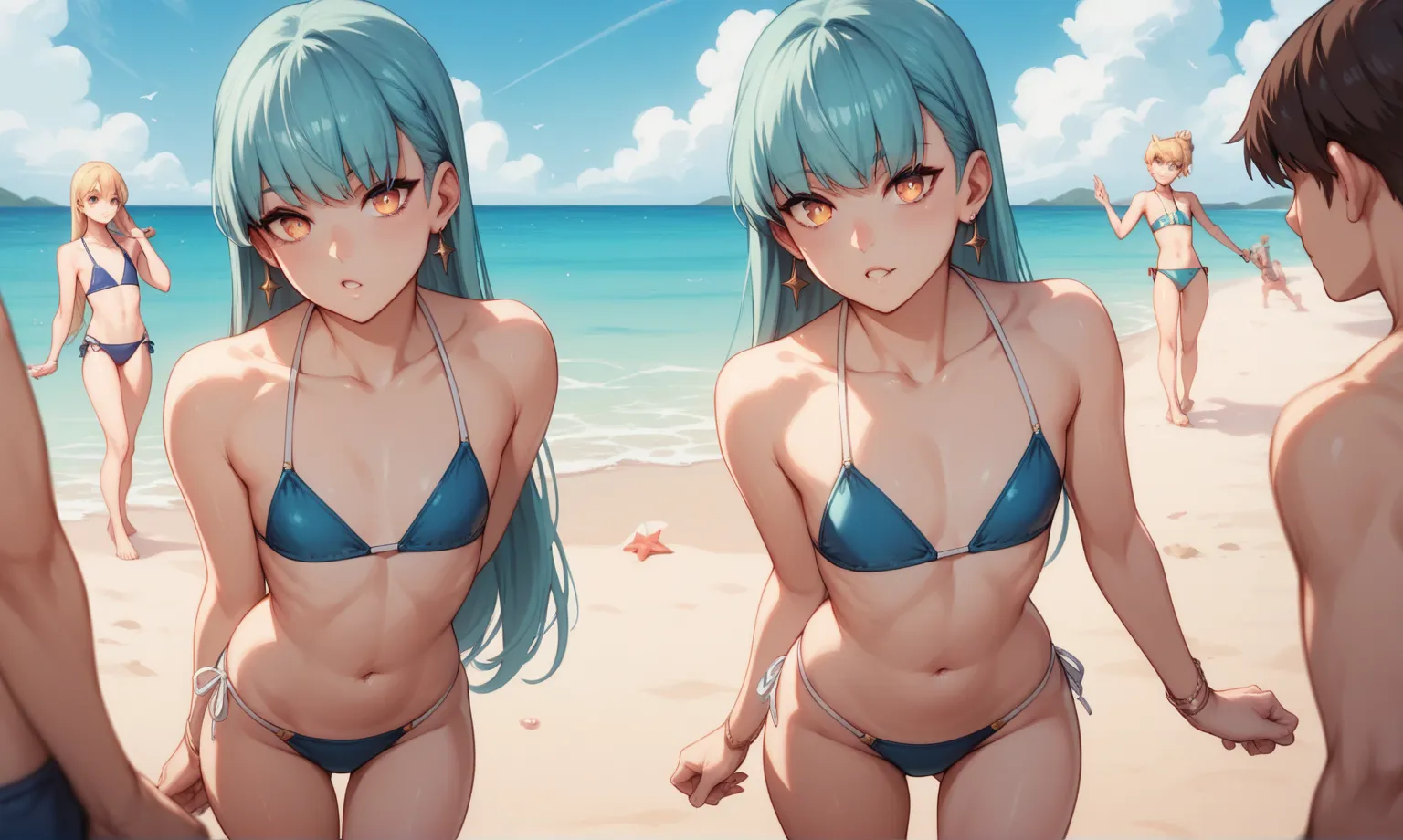 Aqua Blue Long Haired ，Golden pupil，Flat chest， Bare shoulder ，Blue bikini swimsuit ， Bare Thighs，Thin legs，seaside，high resolution, Best Quality, Small individuals，Bangs,  stands