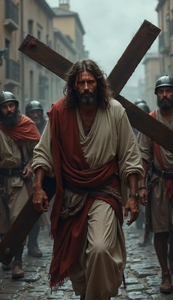 Jesus carrying the cross, with a bloody and exhausted face, but with a look of determination. Around you, soldiers and spectators watching. Background of a cobblestone street and a cloudy sky. Dark and dramatic tones.